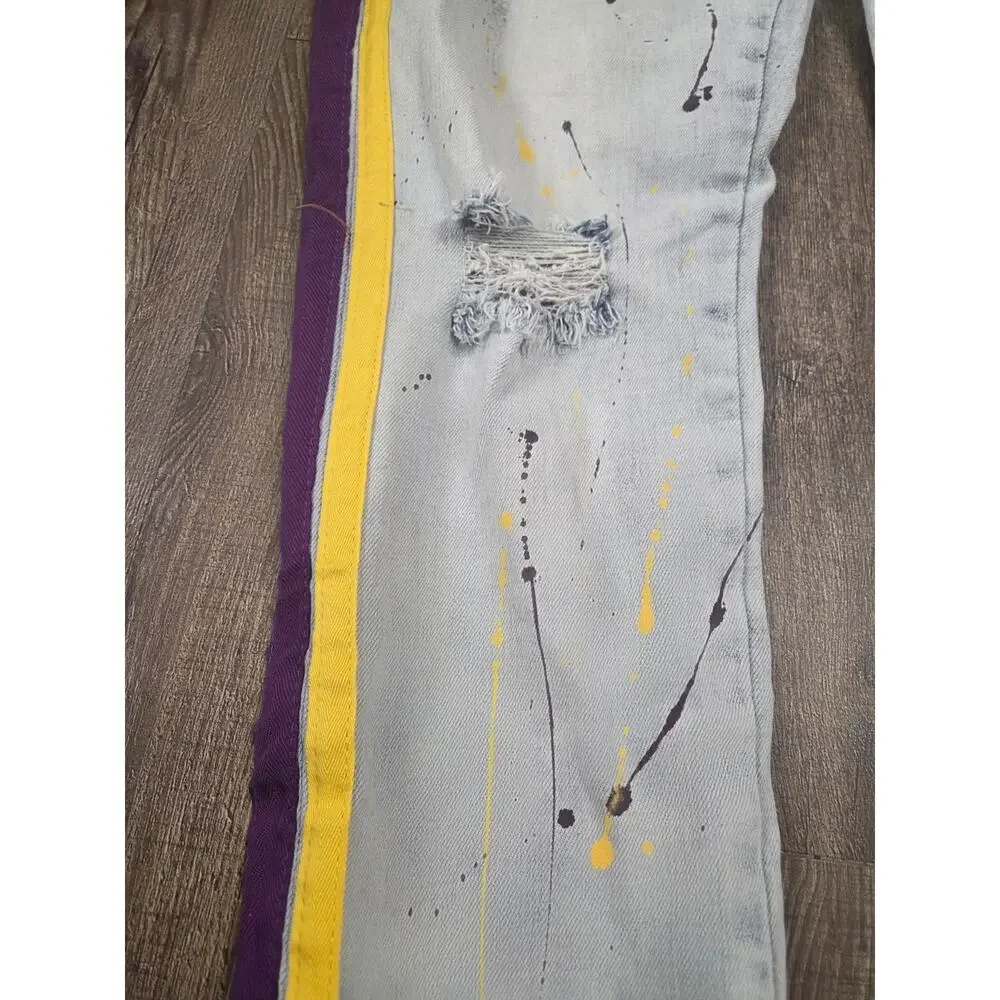 DENIM CITY Street Wear Light Wash Skinny Jeans Paint Splatter Purple Yellow 34